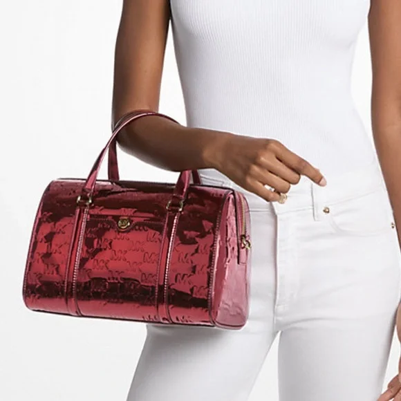 MICHAEL KORS Jet Set Medium Metallic Logo Debossed Satchel
Cherry 
NWT - Picture 3 of 16